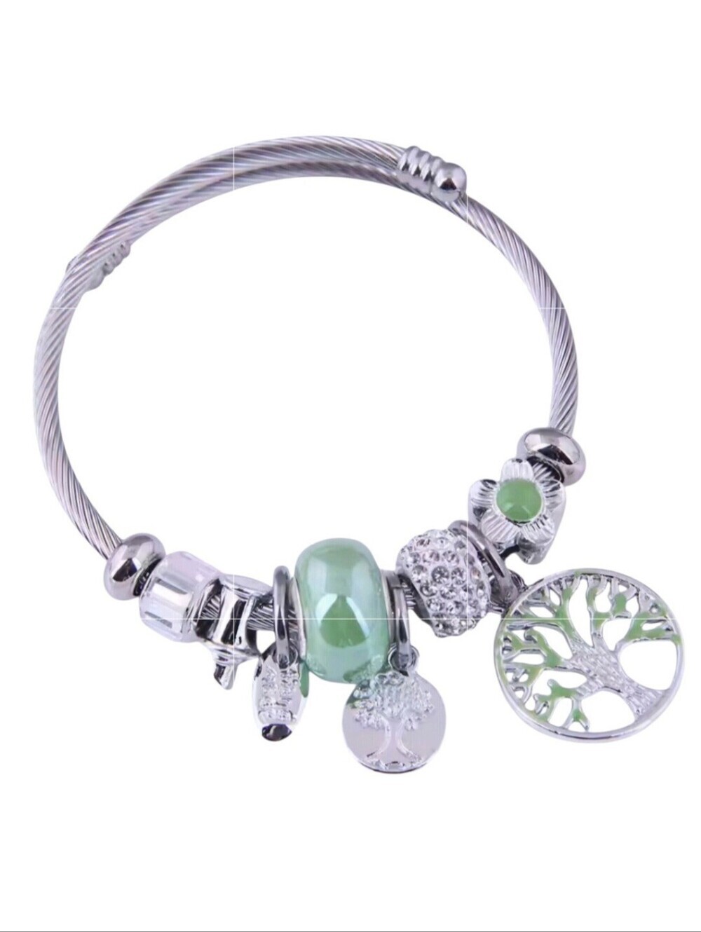 Tree Of Life Charm Bracelet Silver Tone & Green